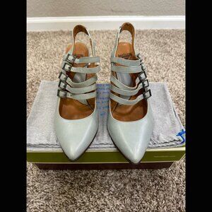 John Fluevog Leather Light Blue Multi Strap Wood Heels Coffee Macchiato Line 8.5